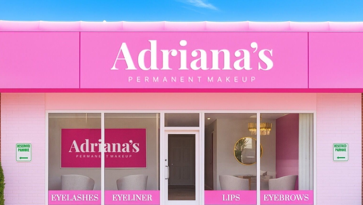 Front view of Adriana's Permanent Makeup in Wilmington, Massachusetts, US featuring vibrant pink signage.