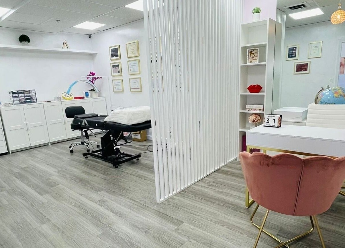Modern beauty studio at Adriana's Permanent Makeup in Wilmington, Massachusetts, US, showcasing sleek decor.