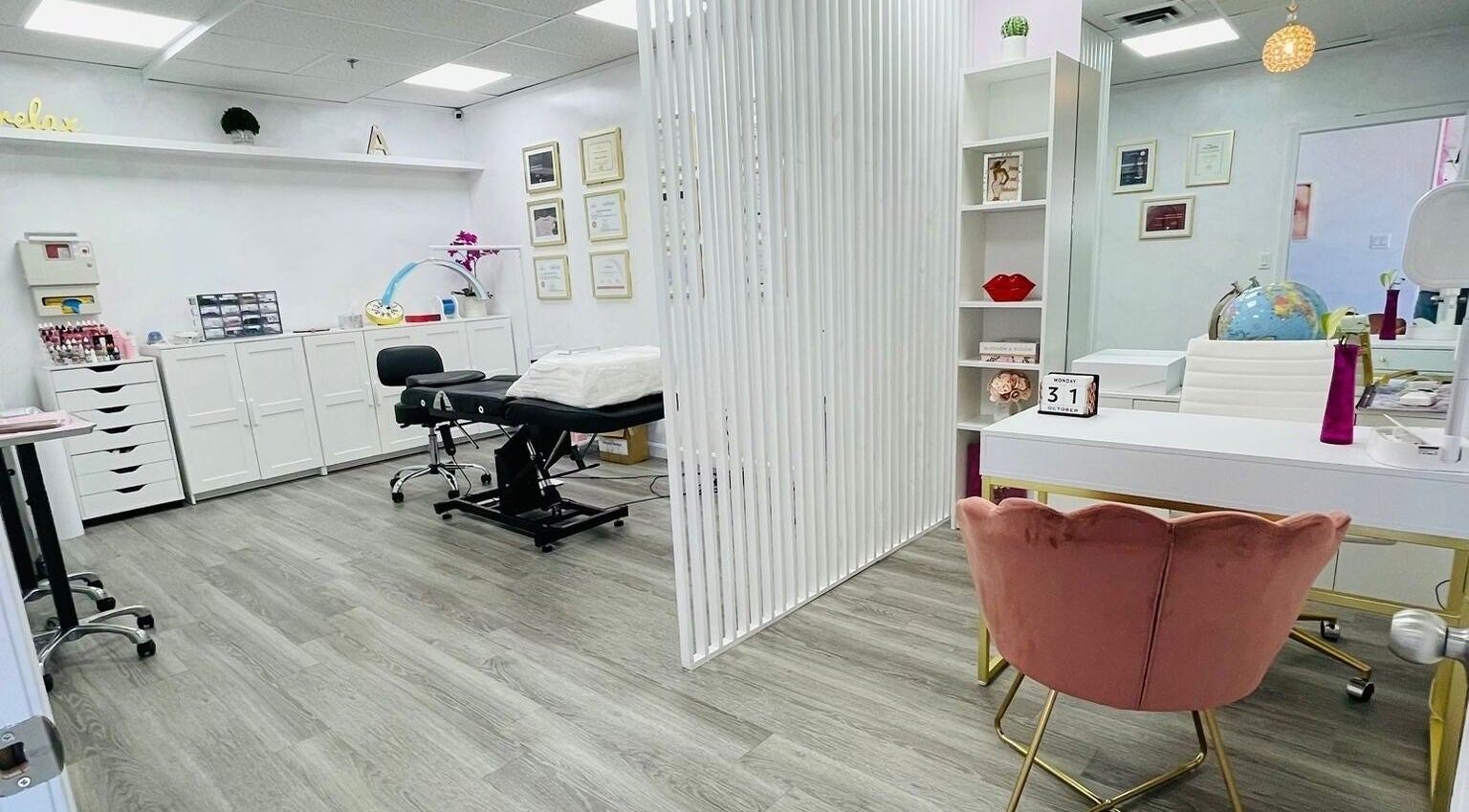 Modern beauty studio at Adriana's Permanent Makeup in Wilmington, Massachusetts, US, showcasing sleek decor.