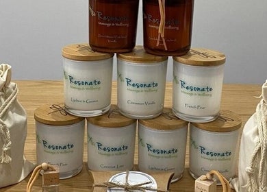 Aromatherapy candles at Resonate Massage and Wellbeing, Holland Park, Queensland, AU displayed elegantly.