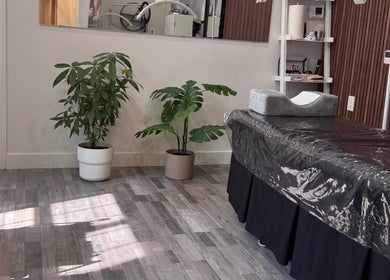 Tranquil treatment room at Browpick Beauty Bar & Spa, Port Moody, British Columbia, CA, with plants and massage bed.