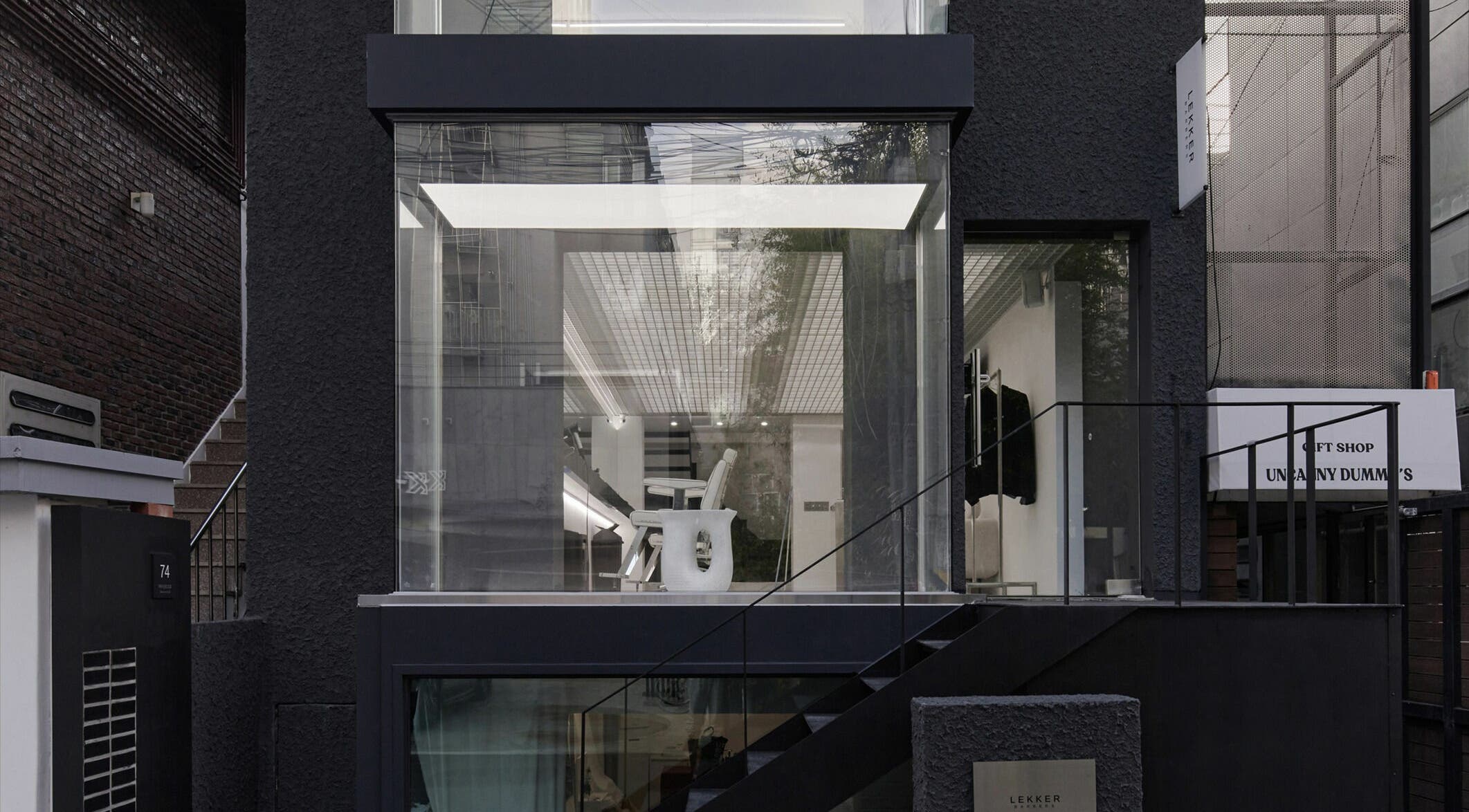 Modern exterior of LEKKER Hongdae with glass facade in Seoul, Seoul, KR offering beauty and wellness services.