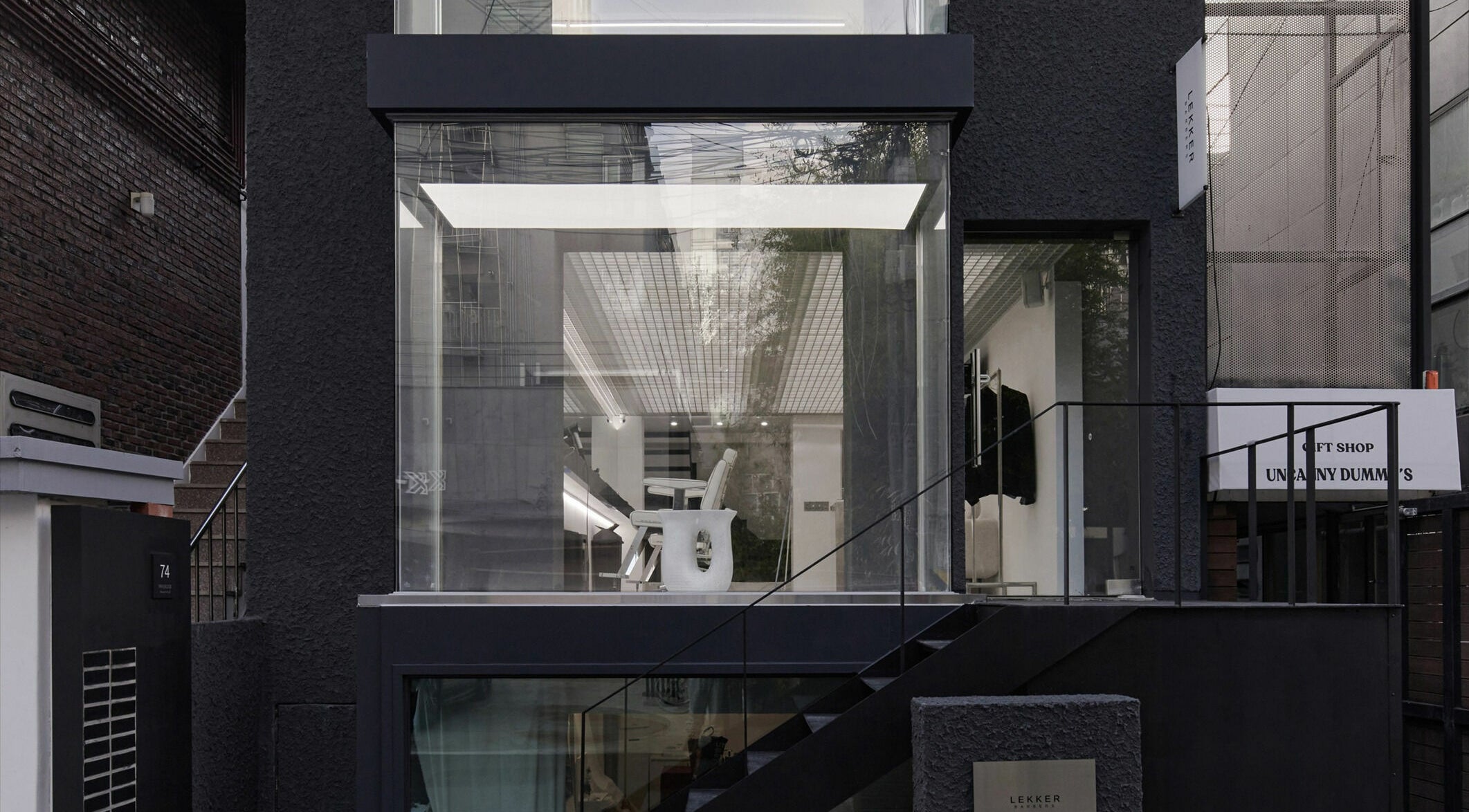 Modern exterior of LEKKER Hongdae with glass facade in Seoul, Seoul, KR offering beauty and wellness services.