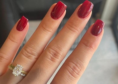 Elegant red manicure at Gosh Beauty (Gosh Nails 2nd Branch), Stellenbosch, Western Cape, ZA.
