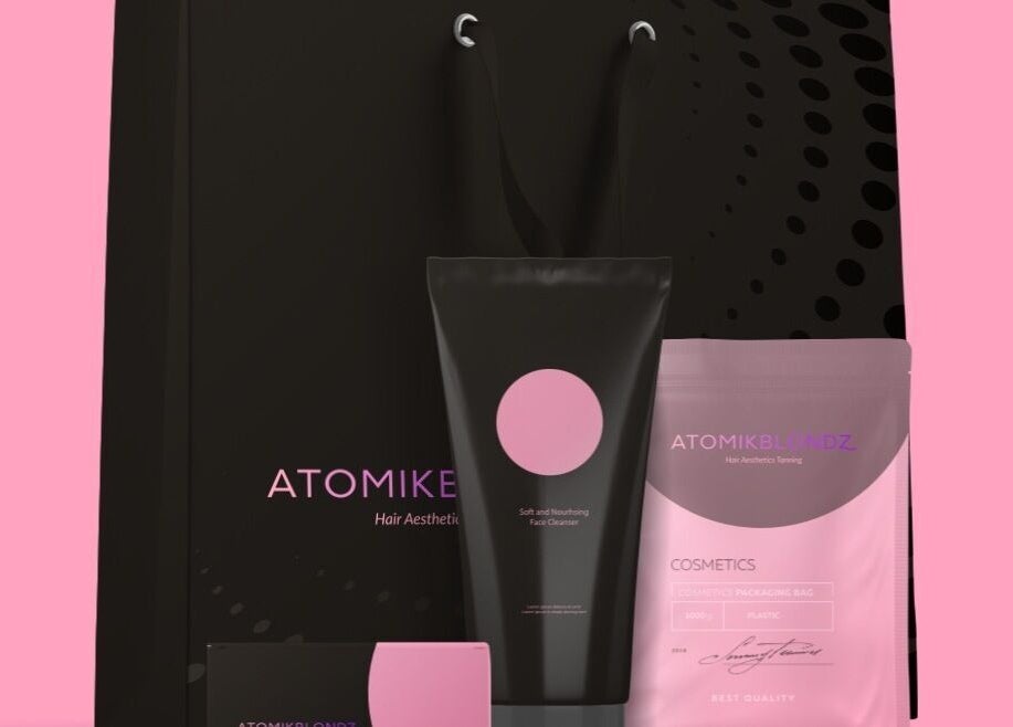Stylish AtomikBlondz packaging display at HeadworX, Airdrie, Scotland, GB showcasing premium beauty products.