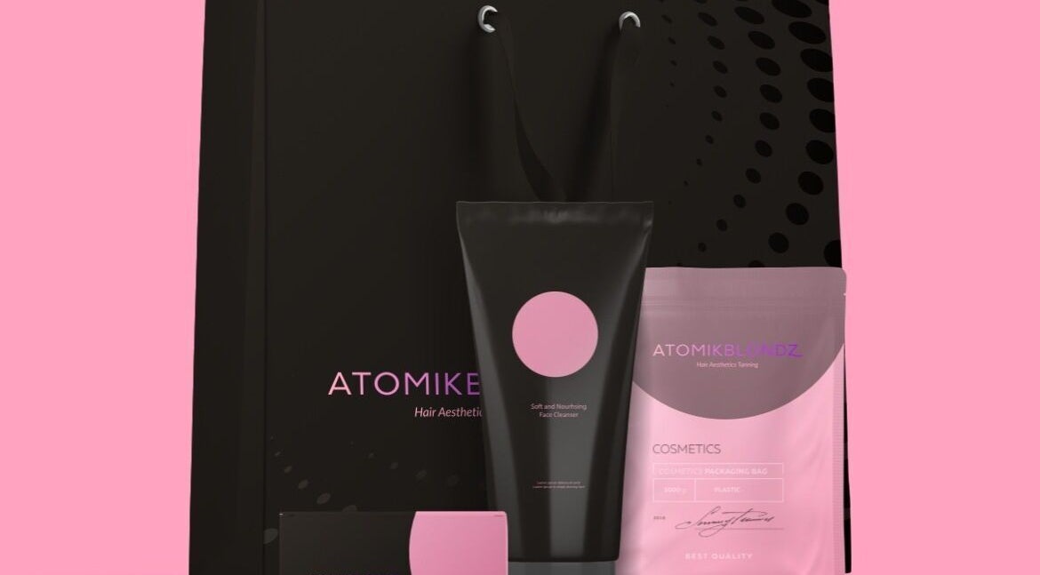 Stylish AtomikBlondz packaging display at HeadworX, Airdrie, Scotland, GB showcasing premium beauty products.