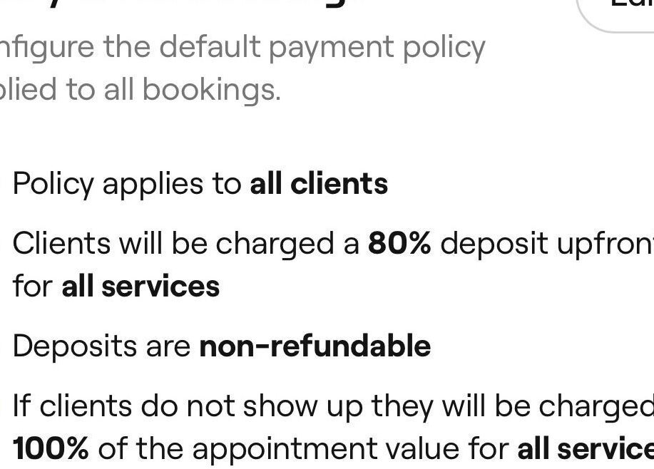 Payment policy text at AtomikBlondz at HeadworX, Airdrie, Scotland, GB, detailing deposit and refund rules.