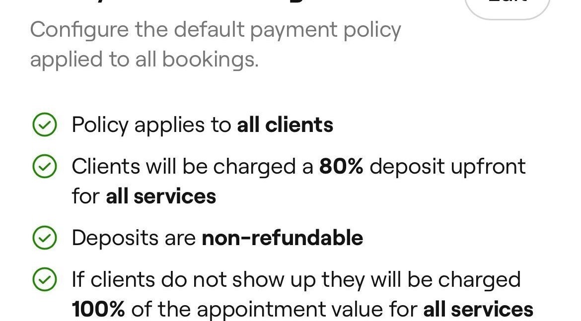 Payment policy text at AtomikBlondz at HeadworX, Airdrie, Scotland, GB, detailing deposit and refund rules.