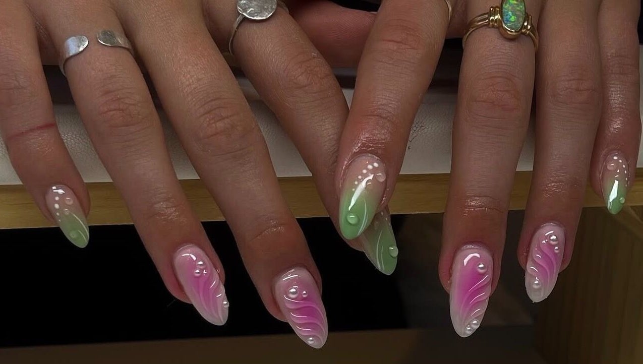 Colorful nail art at Amour Nails by Baya, Port Macquarie, New South Wales, AU with pink and green designs.