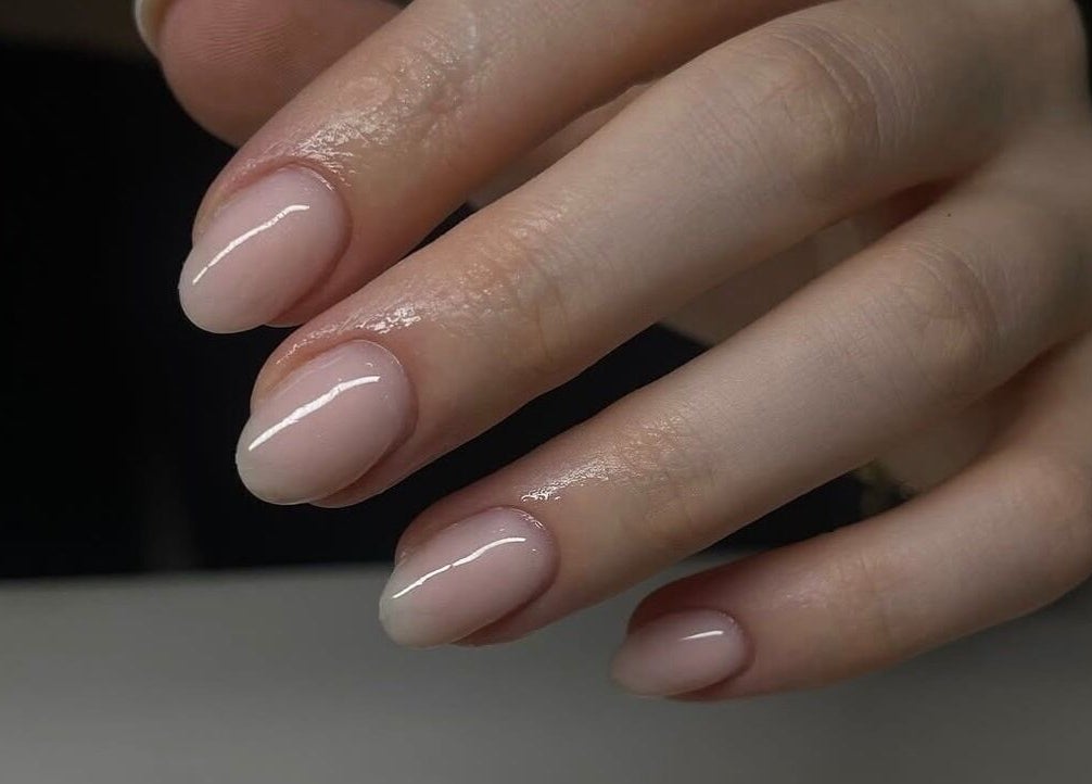 Stylish glossy nude nails at Amour Nails by Baya, Port Macquarie, New South Wales, AU.