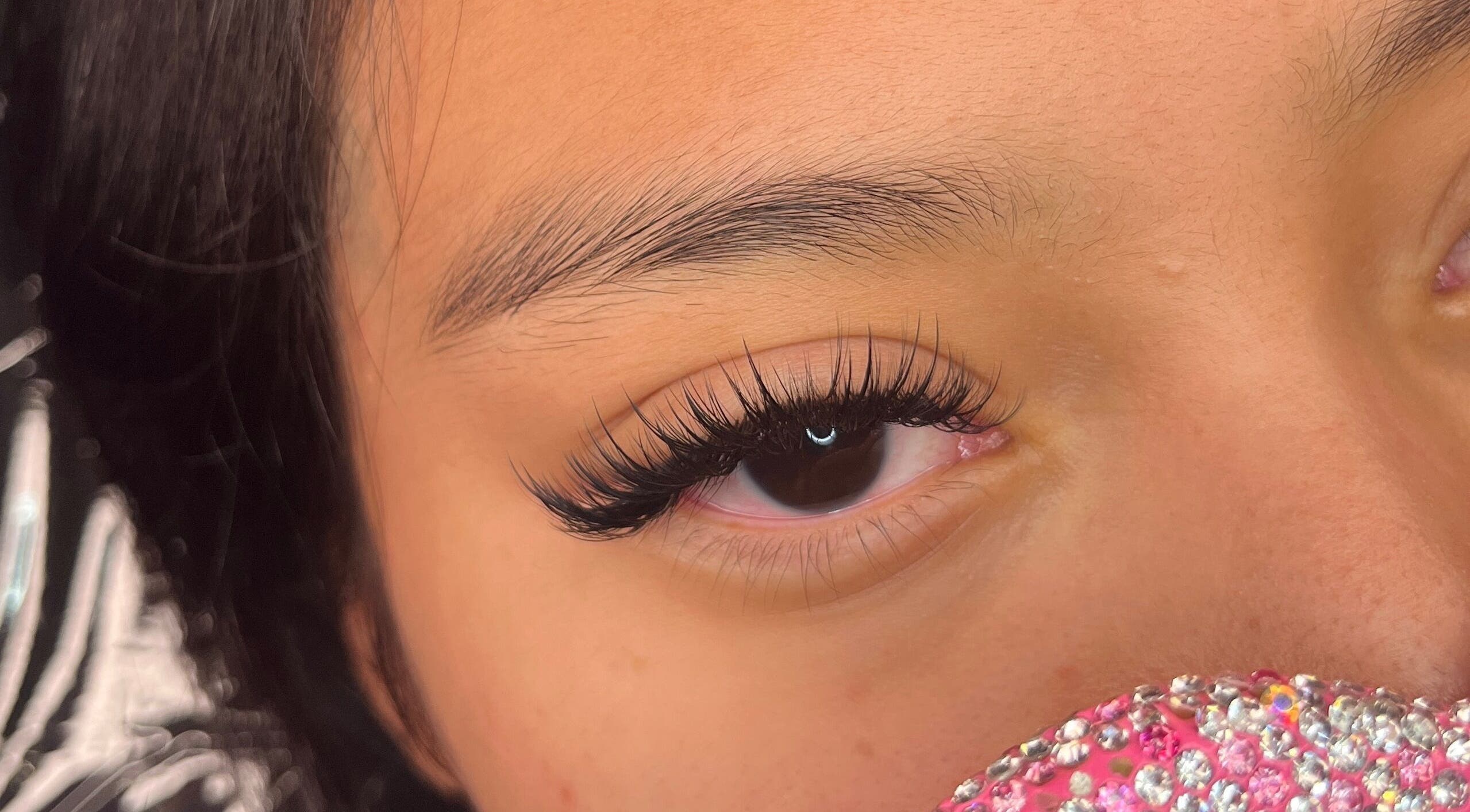 Close-up of eyelash extensions at Cypress Lash Studio, Cypress, Texas, US, showcasing intricate detail.