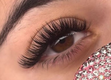 Close-up of eyelash extensions at Cypress Lash Studio in Cypress, Texas, US, showcasing detailed artistry.