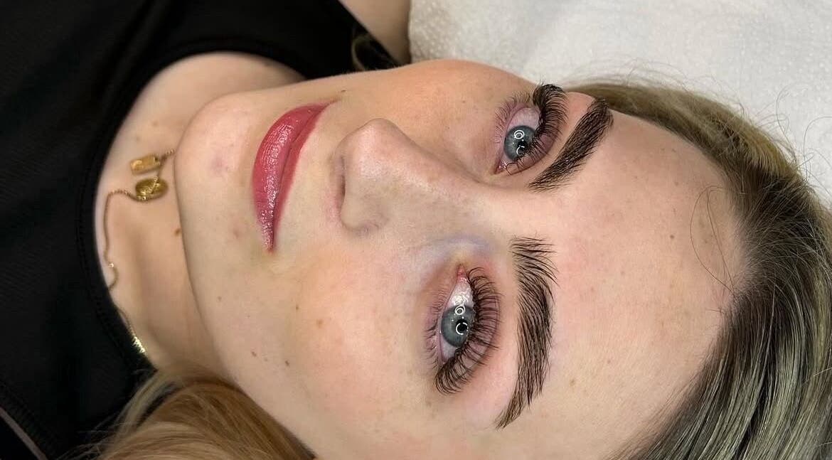 Close-up of a woman's enhanced lashes at Lashes By Becky, Caernarfon, Wales, GB.