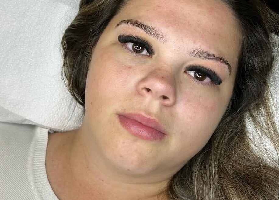 Close-up of a woman with eyelash extensions at Lashes By Becky in Caernarfon, Wales, GB.