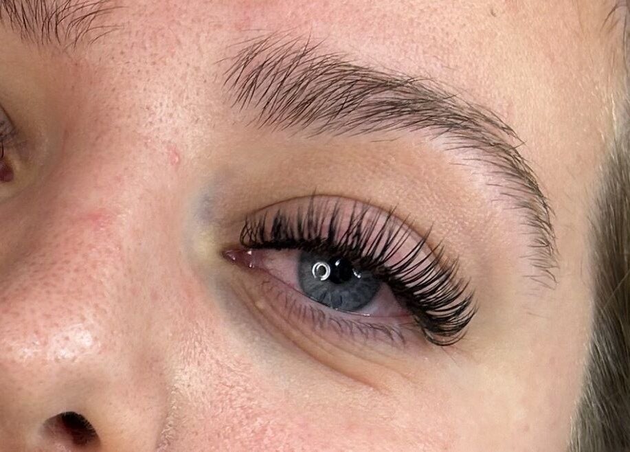 Close-up of a beautifully applied eyelash set at Lashes By Becky in Caernarfon, Wales, GB.