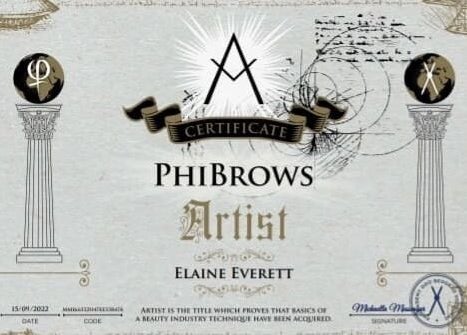 PhiBrows Artist certificate displayed at Lainey Everett Aesthetics, Whangaparāoa, Auckland, NZ.