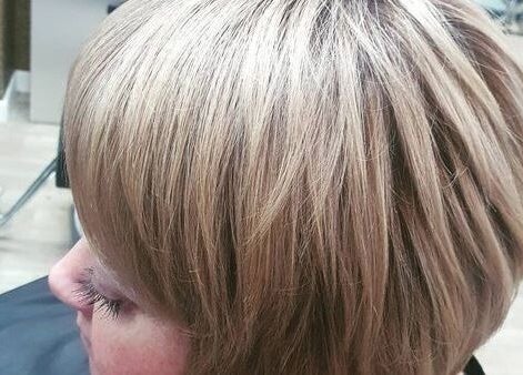 Stylish short blonde haircut at Tress& Bloom Ystradgynlais, located in Ystradgynlais, Wales, GB.
