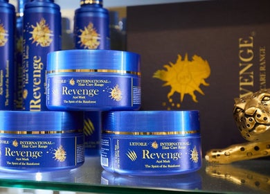Revenge hair care collection at StyleLab Hair, Sydney, New South Wales, AU with golden leopard decor.