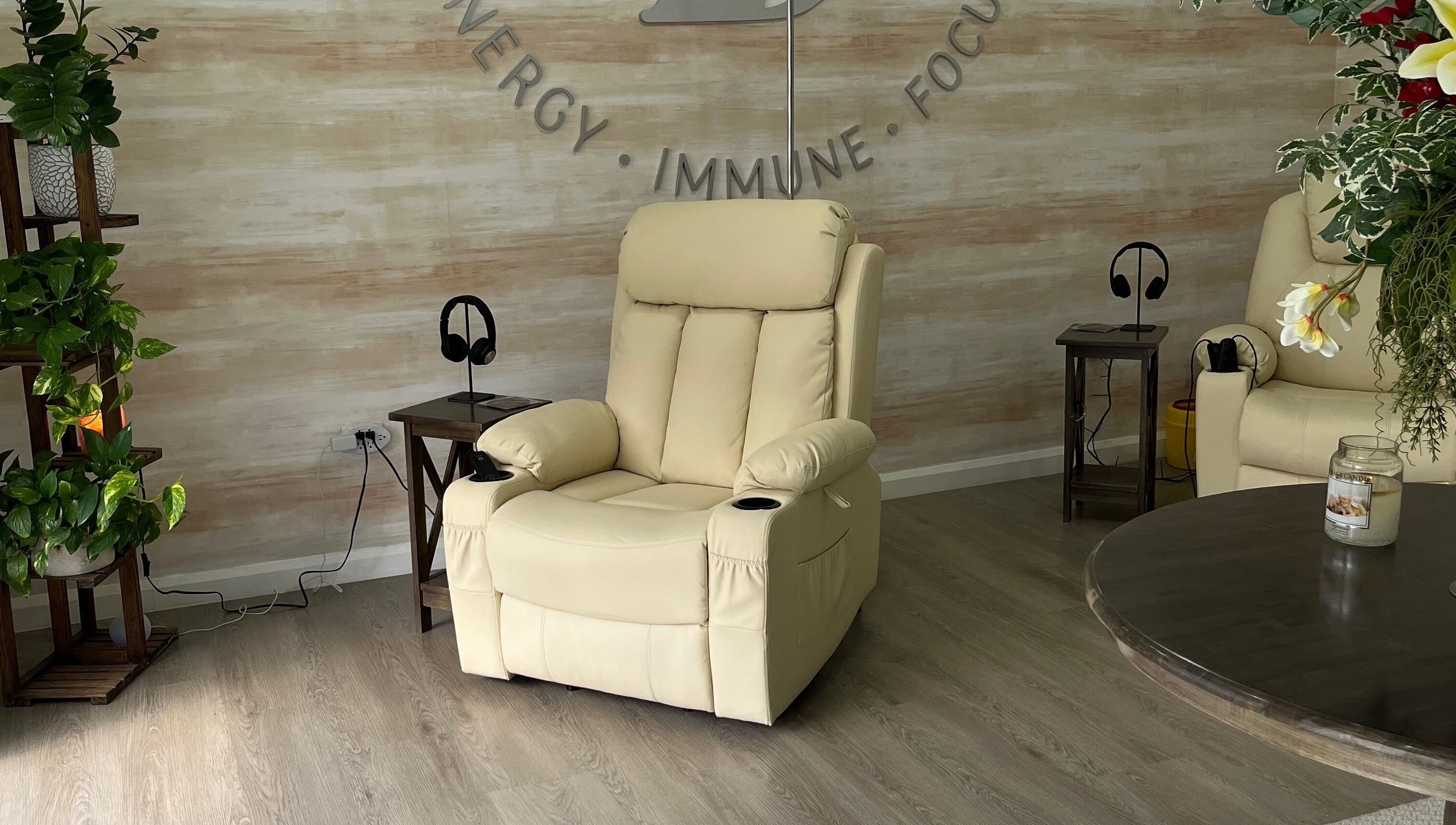 Comfortable seating at Drippy IV Spa in Westmoorings, TT offering a serene wellness experience.