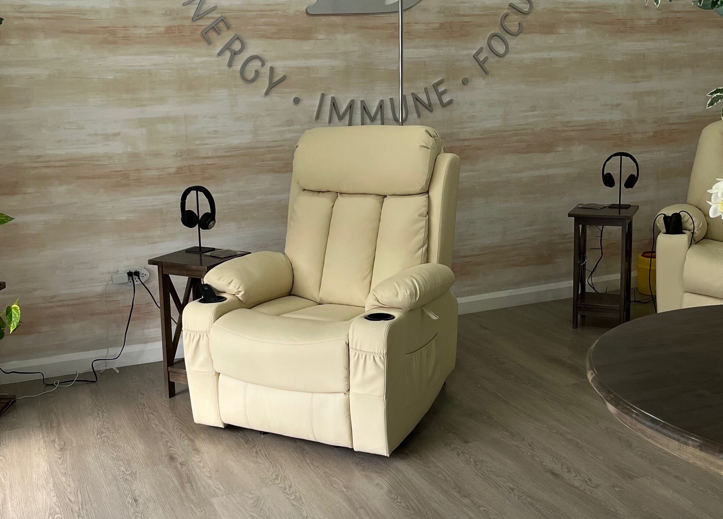 Comfortable seating at Drippy IV Spa in Westmoorings, TT offering a serene wellness experience.