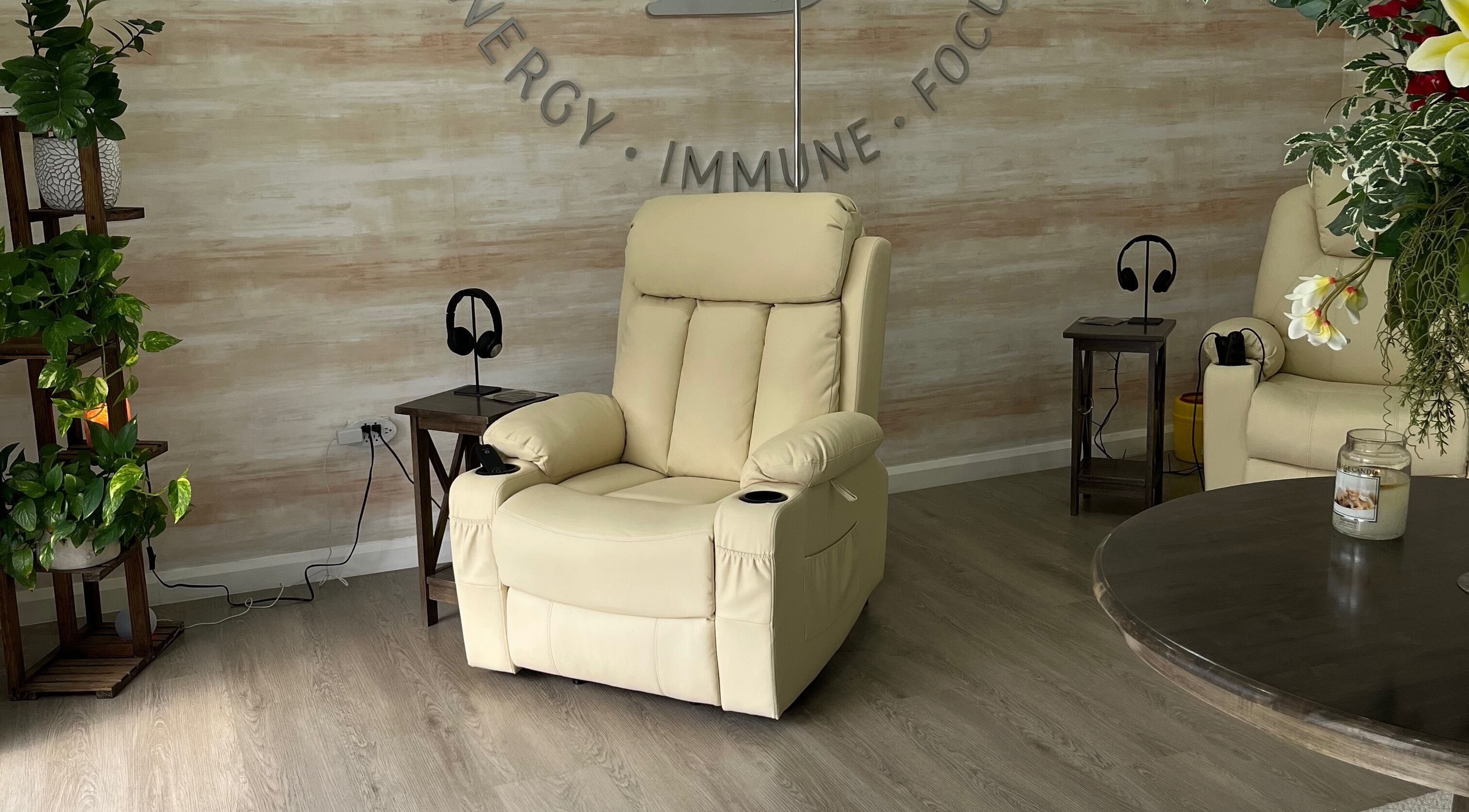 Comfortable seating at Drippy IV Spa in Westmoorings, TT offering a serene wellness experience.