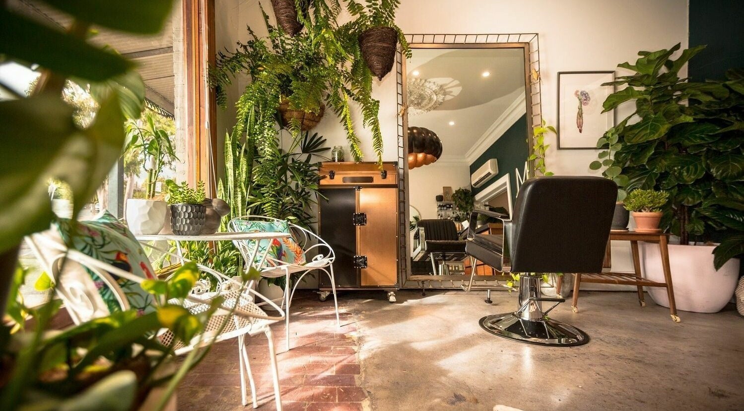 Chic salon interior with plants at Hoochie Mama, Goodwood, South Australia, AU.