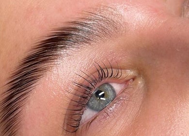 Close-up of perfectly styled eyebrows and lashes at Mimi-Jo Beauty, Scarborough, England, GB.