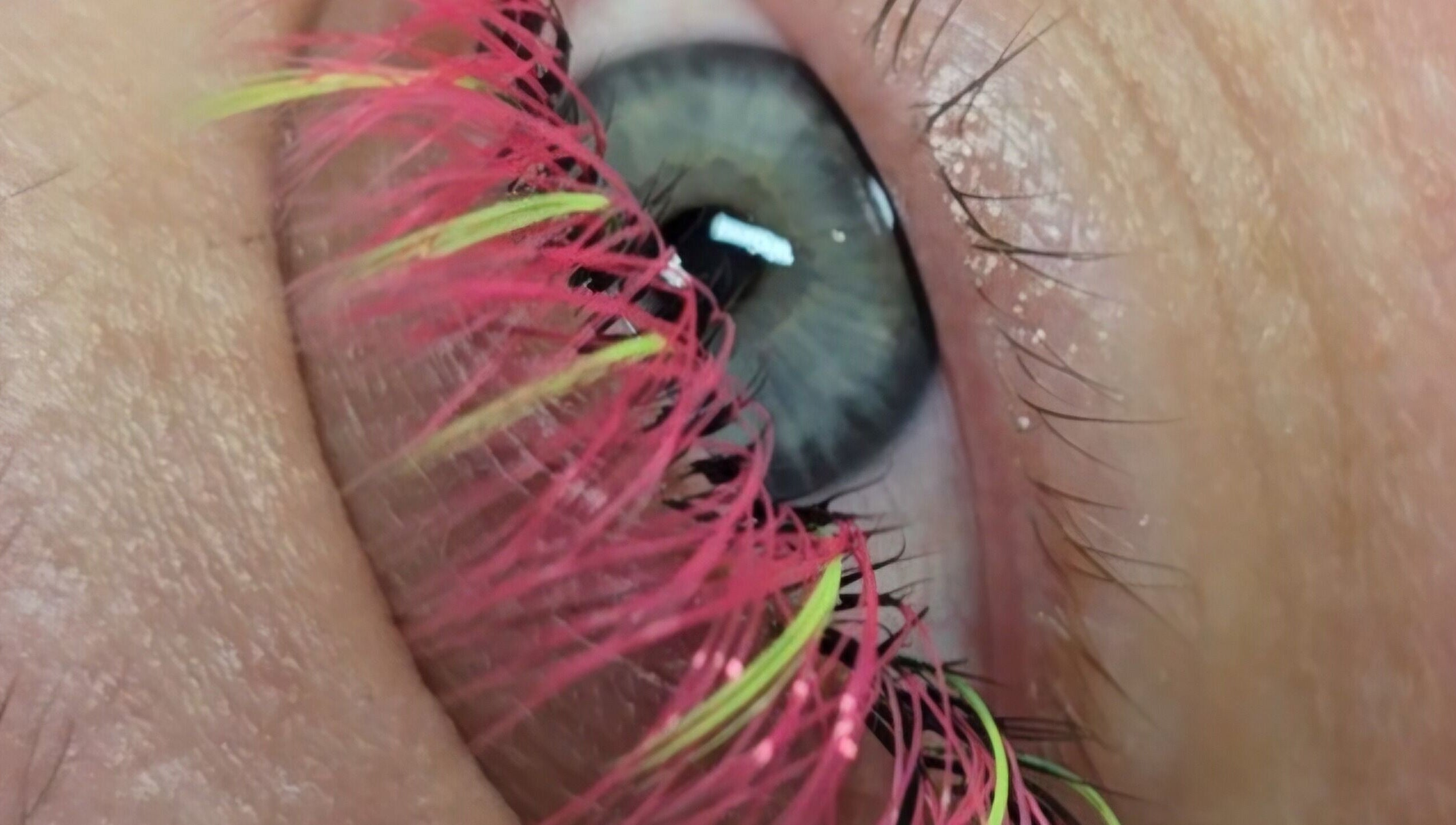 Close-up of colorful eyelash extensions at DS BEAUTY, Dundee, Scotland, GB.