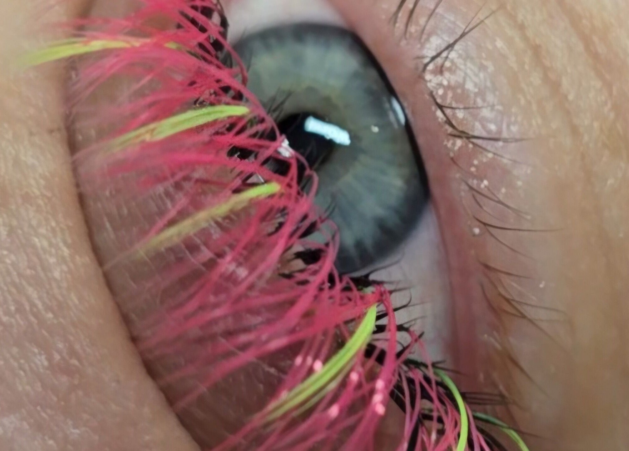 Close-up of colorful eyelash extensions at DS BEAUTY, Dundee, Scotland, GB.