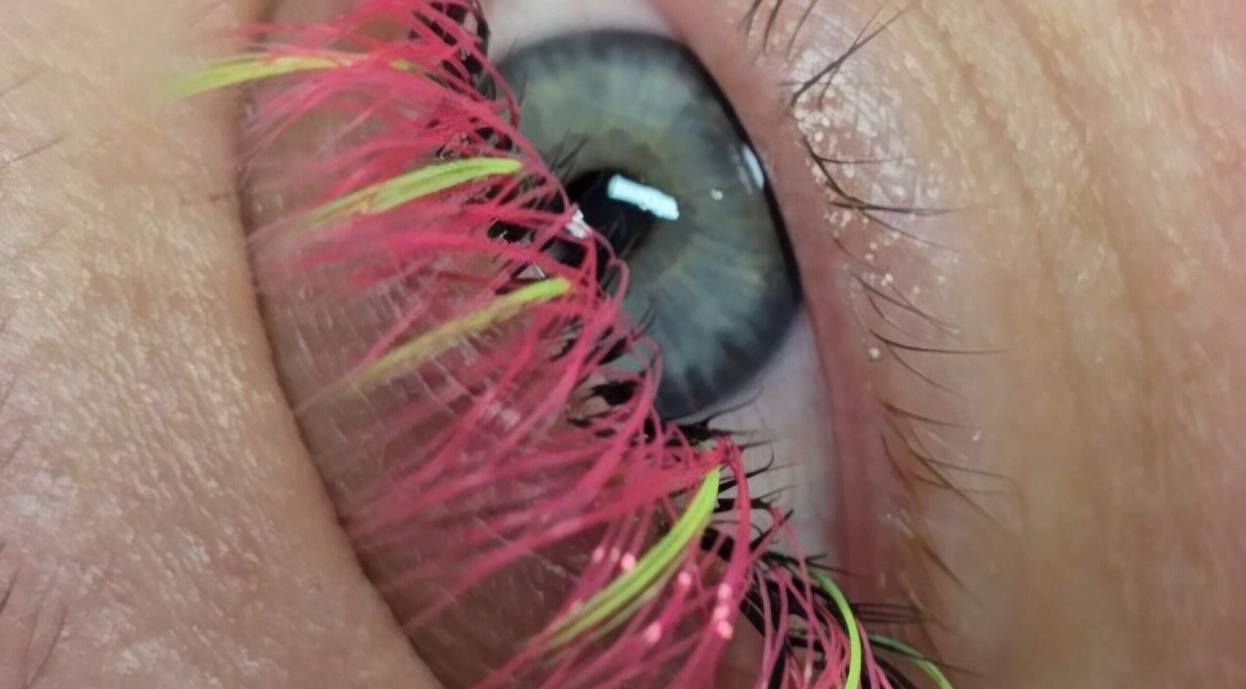 Close-up of colorful eyelash extensions at DS BEAUTY, Dundee, Scotland, GB.