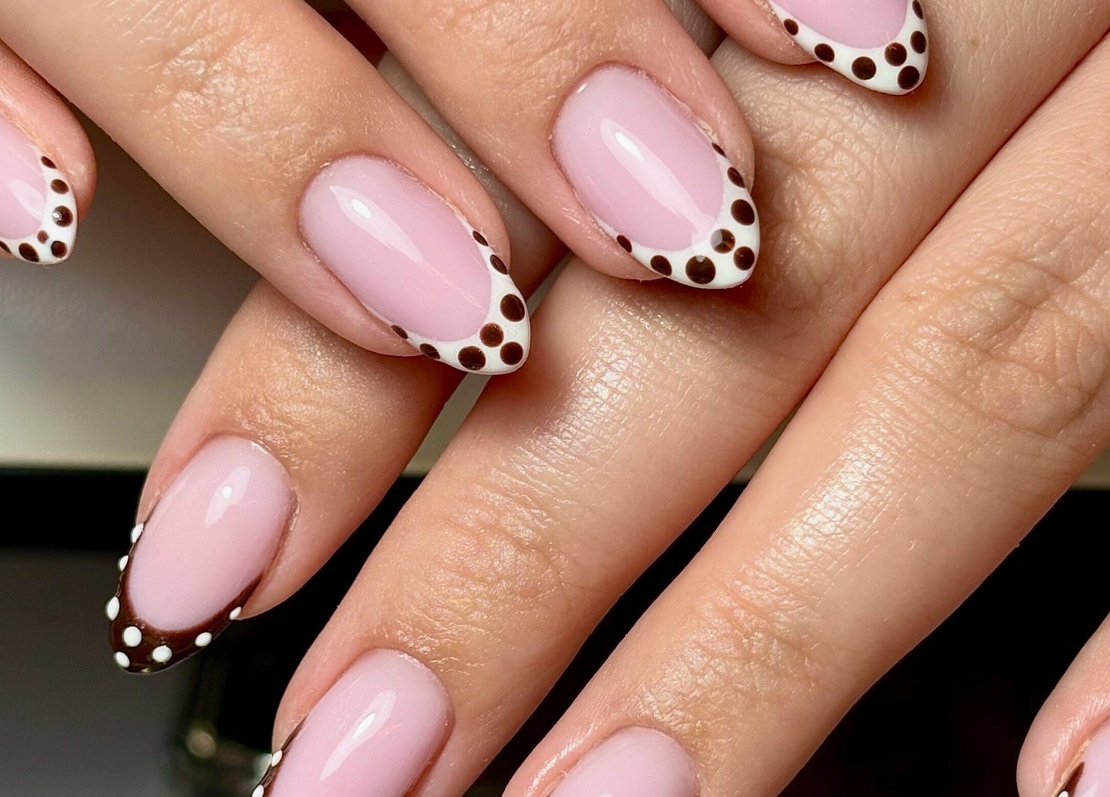 Elegant polka dot nail design at Darc’s Beauty, Frampton Cotterell, England, GB.
