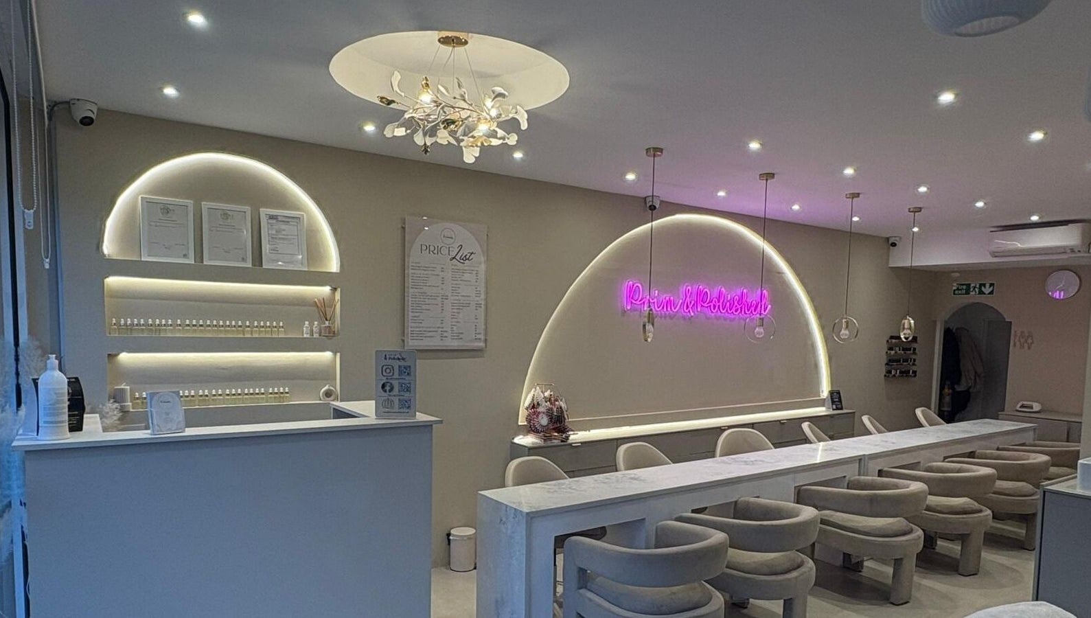 Elegant interior of Prim and Polished in Bexleyheath, England, GB with modern decor and ambient lighting.