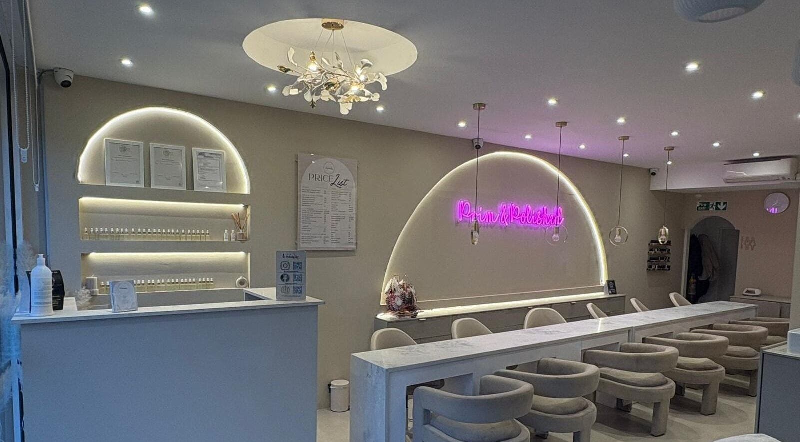 Elegant interior of Prim and Polished in Bexleyheath, England, GB with modern decor and ambient lighting.