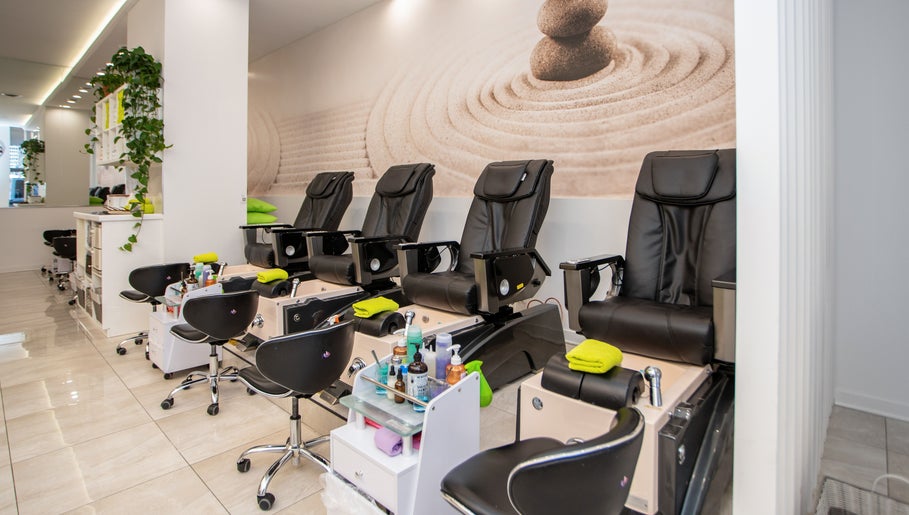 Luxurious pedicure chairs at LO Spa & Nails at Lakeshore East, Chicago, Illinois, US, offering a serene experience.