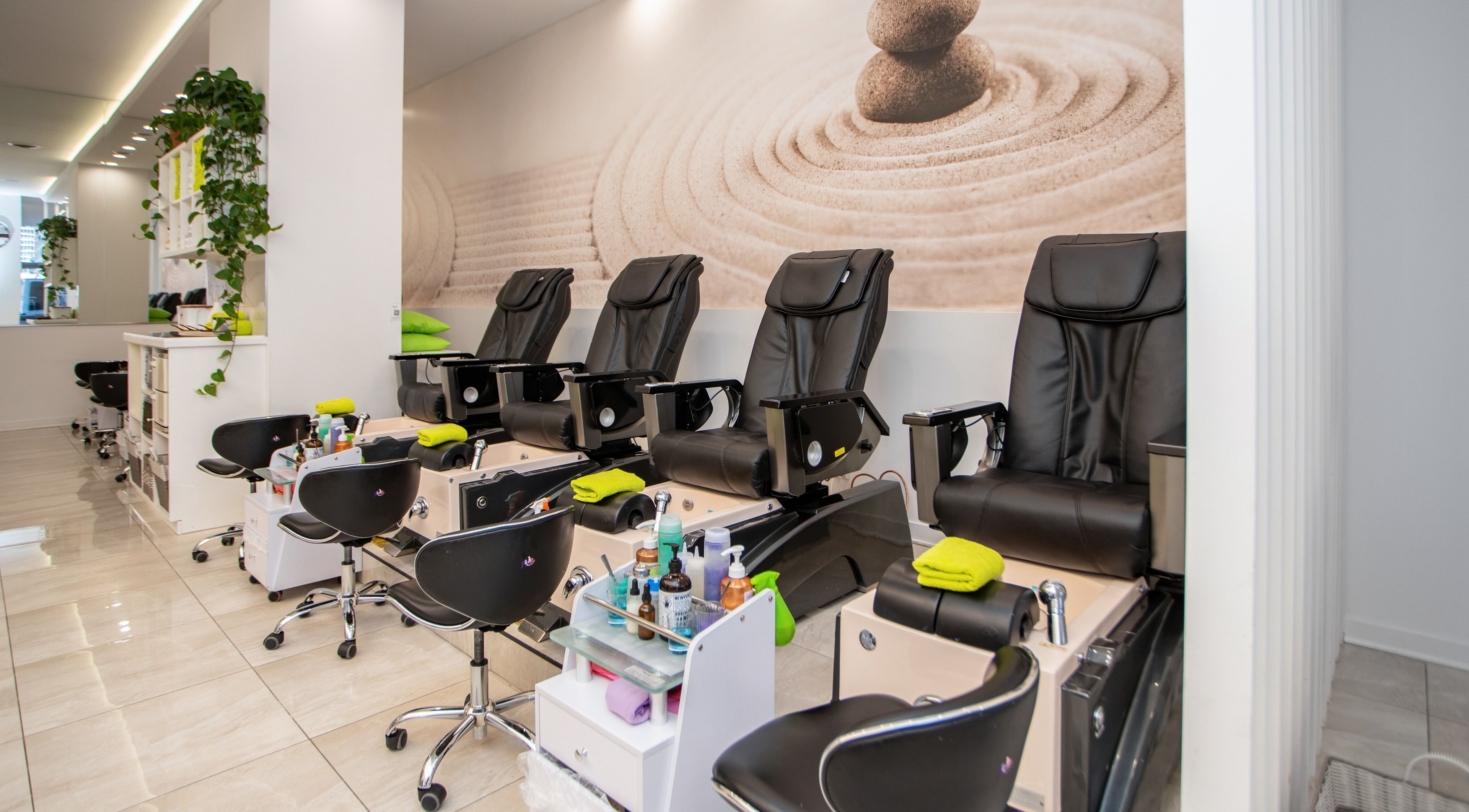 Luxurious pedicure chairs at LO Spa & Nails at Lakeshore East, Chicago, Illinois, US, offering a serene experience.