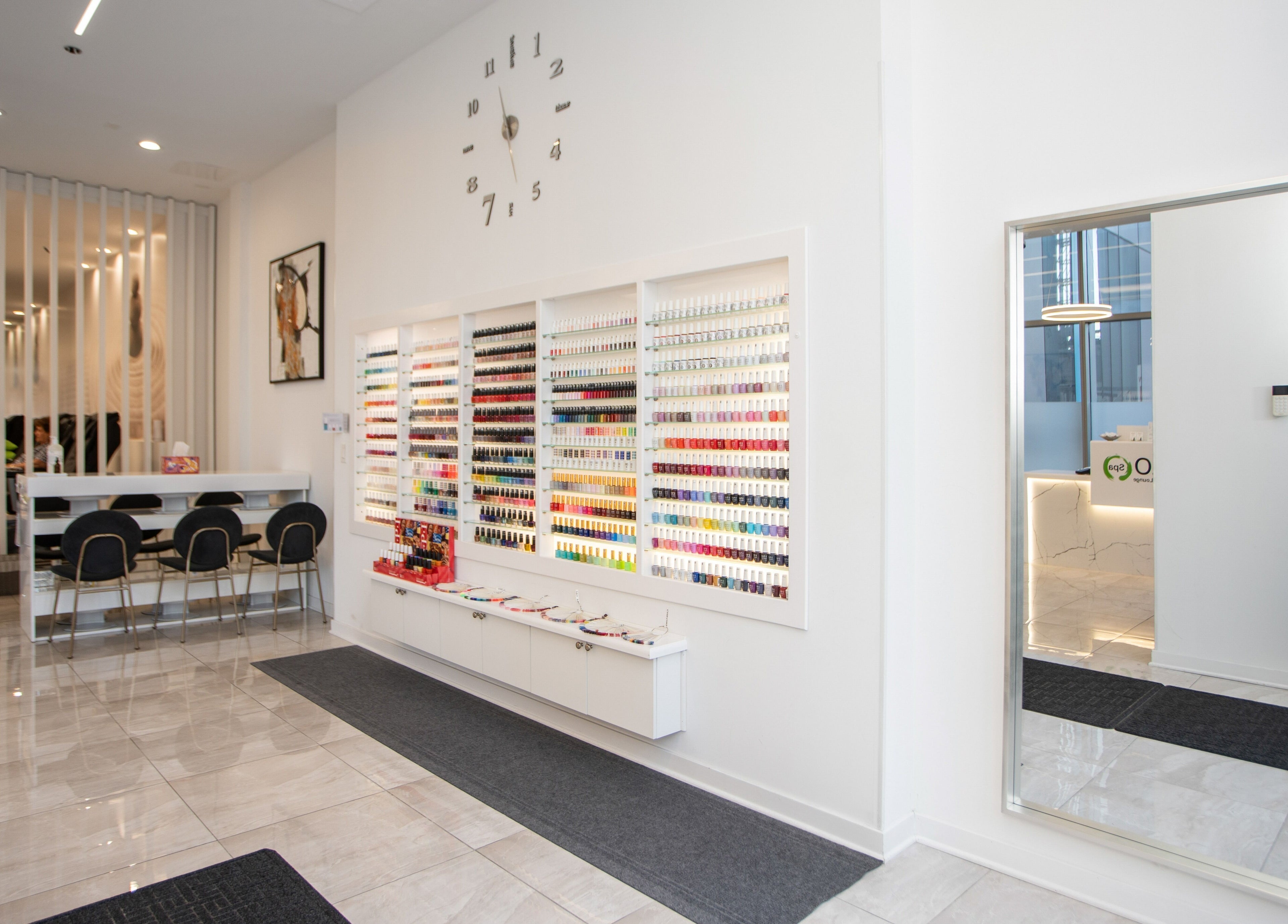 Bright nail polish display at LO Spa & Nails at Lakeshore East, Chicago, Illinois, US.