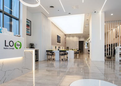 Modern interior of LO Spa & Nails at Lakeshore East, Chicago, Illinois, US, featuring elegant and stylish decor.