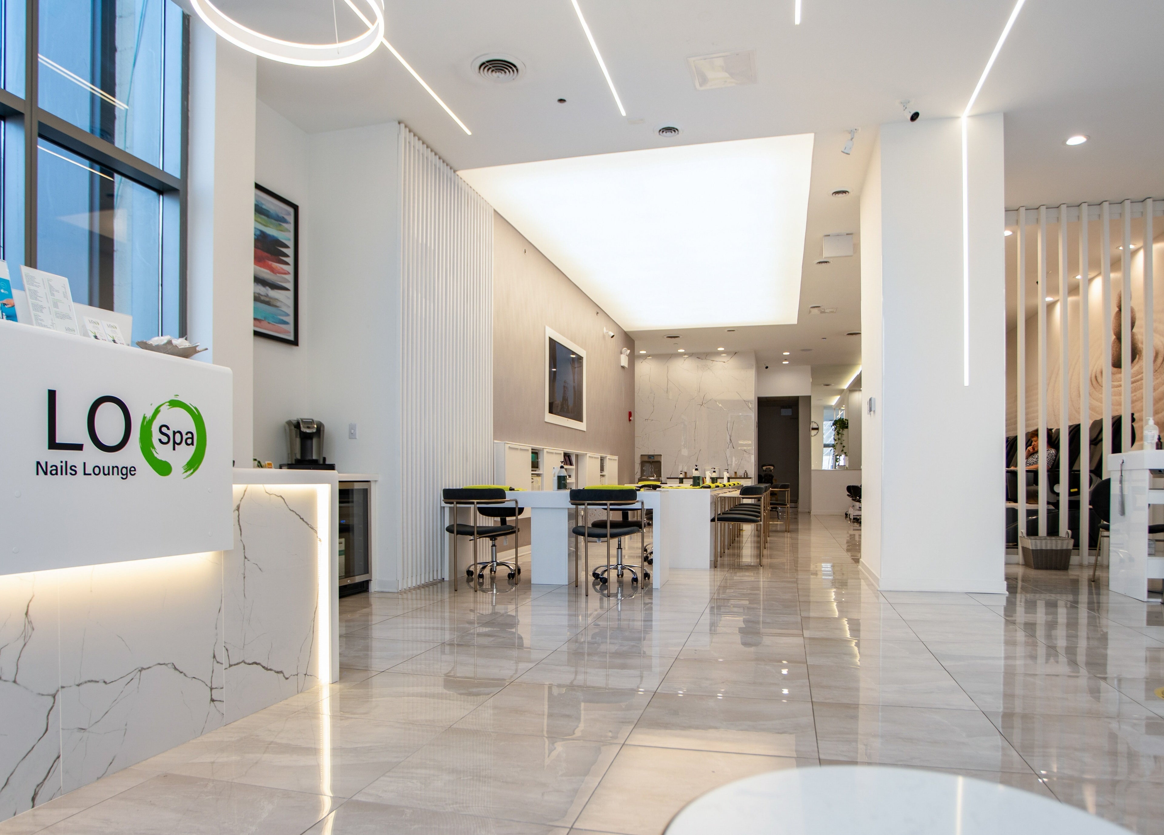 Modern interior of LO Spa & Nails at Lakeshore East, Chicago, Illinois, US, featuring elegant and stylish decor.