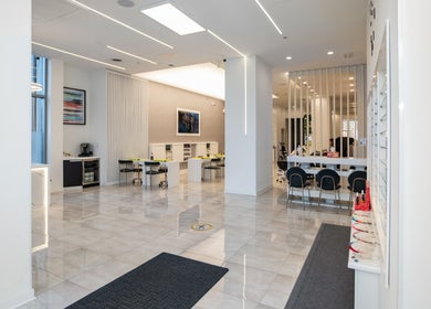 Spacious interior of LO Spa & Nails at Lakeshore East in Chicago, Illinois, US, featuring sleek nail stations.