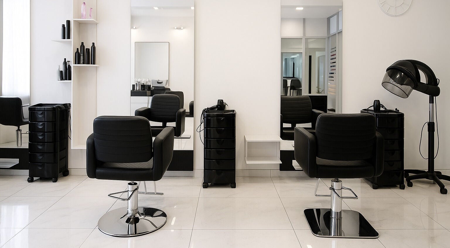 Modern salon interior at Maria Golden Symmetry, Ajax, Ontario, CA with stylish black chairs and mirrors.