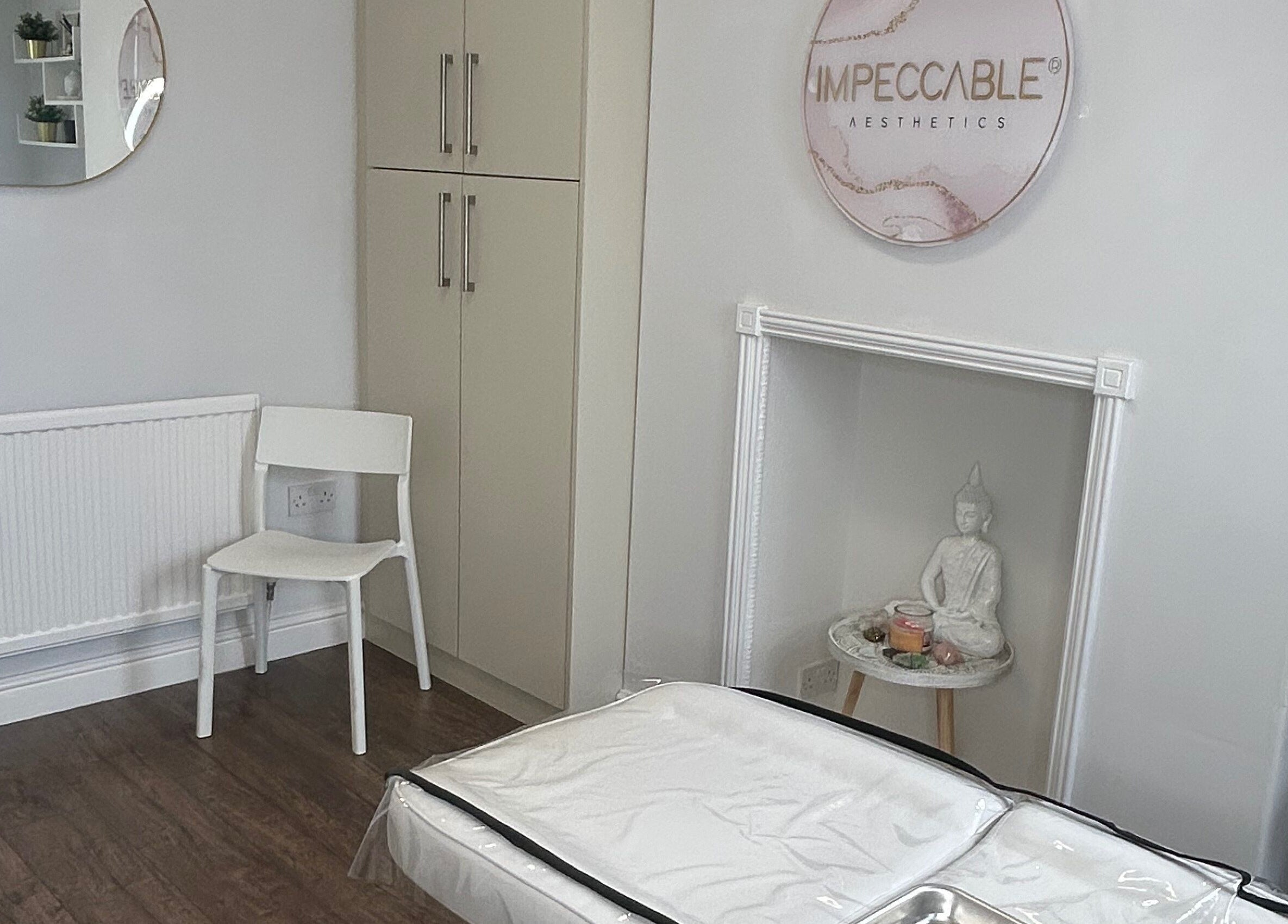 Calm treatment room at Impeccable Aesthetics in Warrington, England, GB with elegant decor.