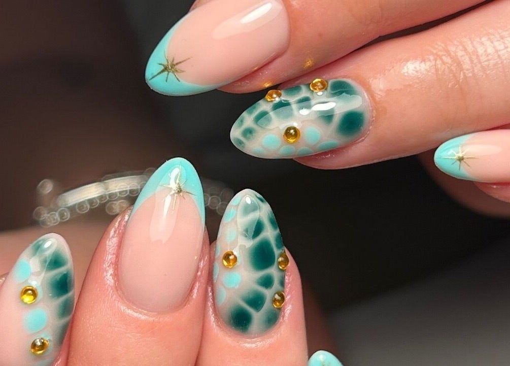 Elegant teal and nude nail art at STELLO Beauty Bar, West Dunbartonshire, Scotland, GB.