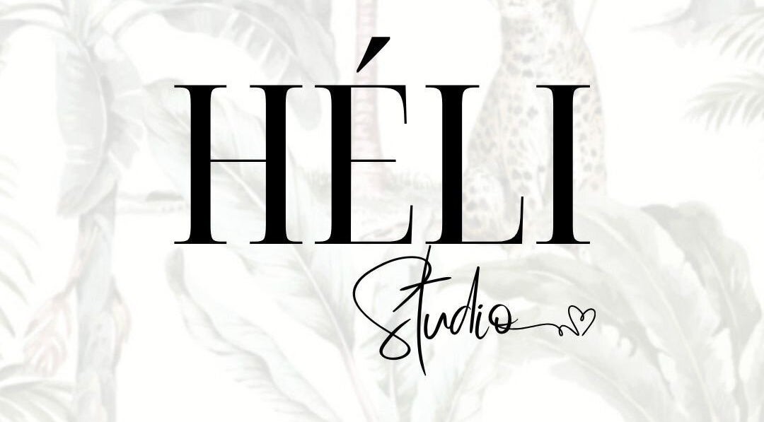 Elegant logo of HÉLI Studio Helensvale set against a subtle botanical background in Helensvale, Queensland, AU.