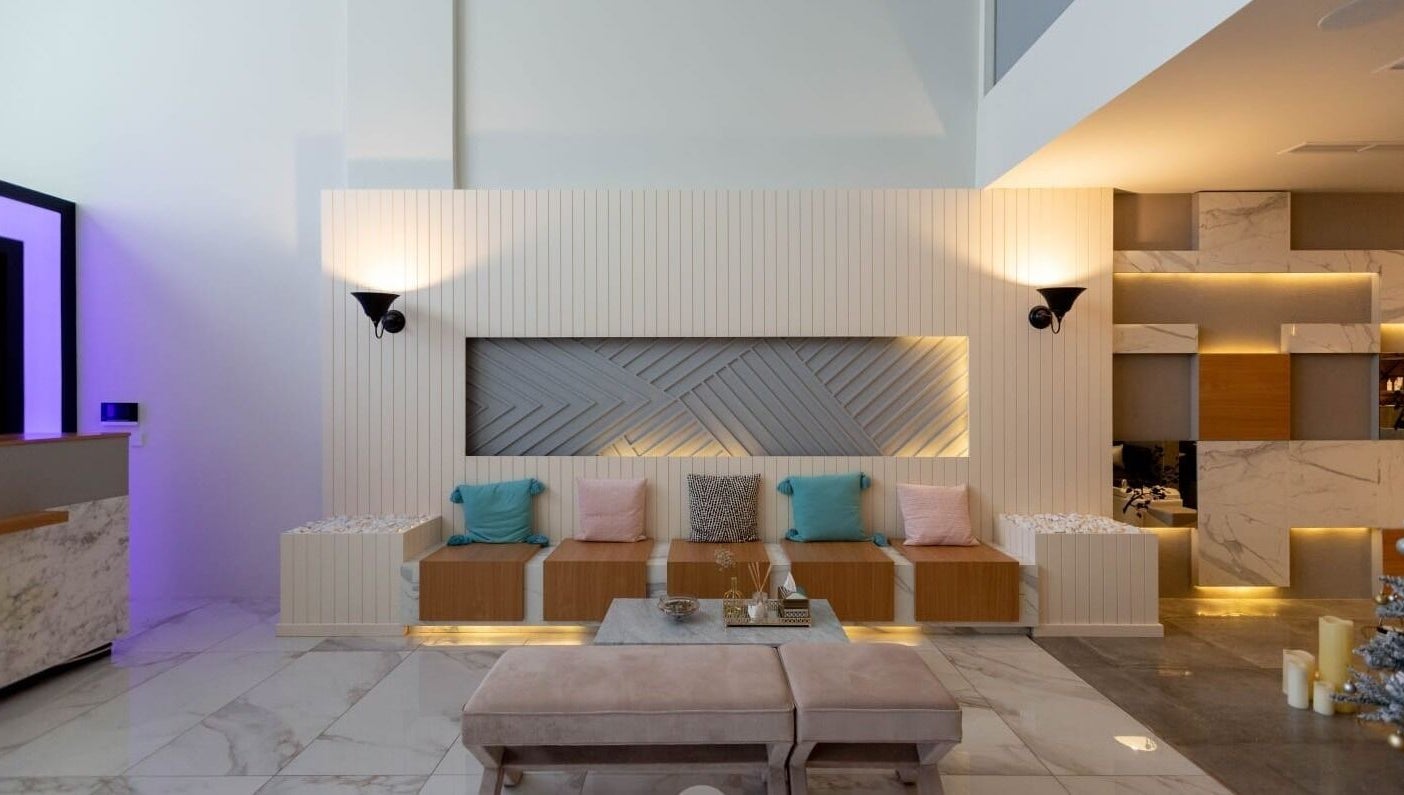 Luxury Spa's elegant lounge with modern decor in Al Qatif, Eastern Province, SA.