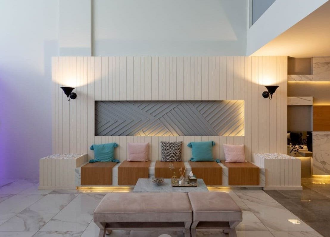 Luxury Spa's elegant lounge with modern decor in Al Qatif, Eastern Province, SA.