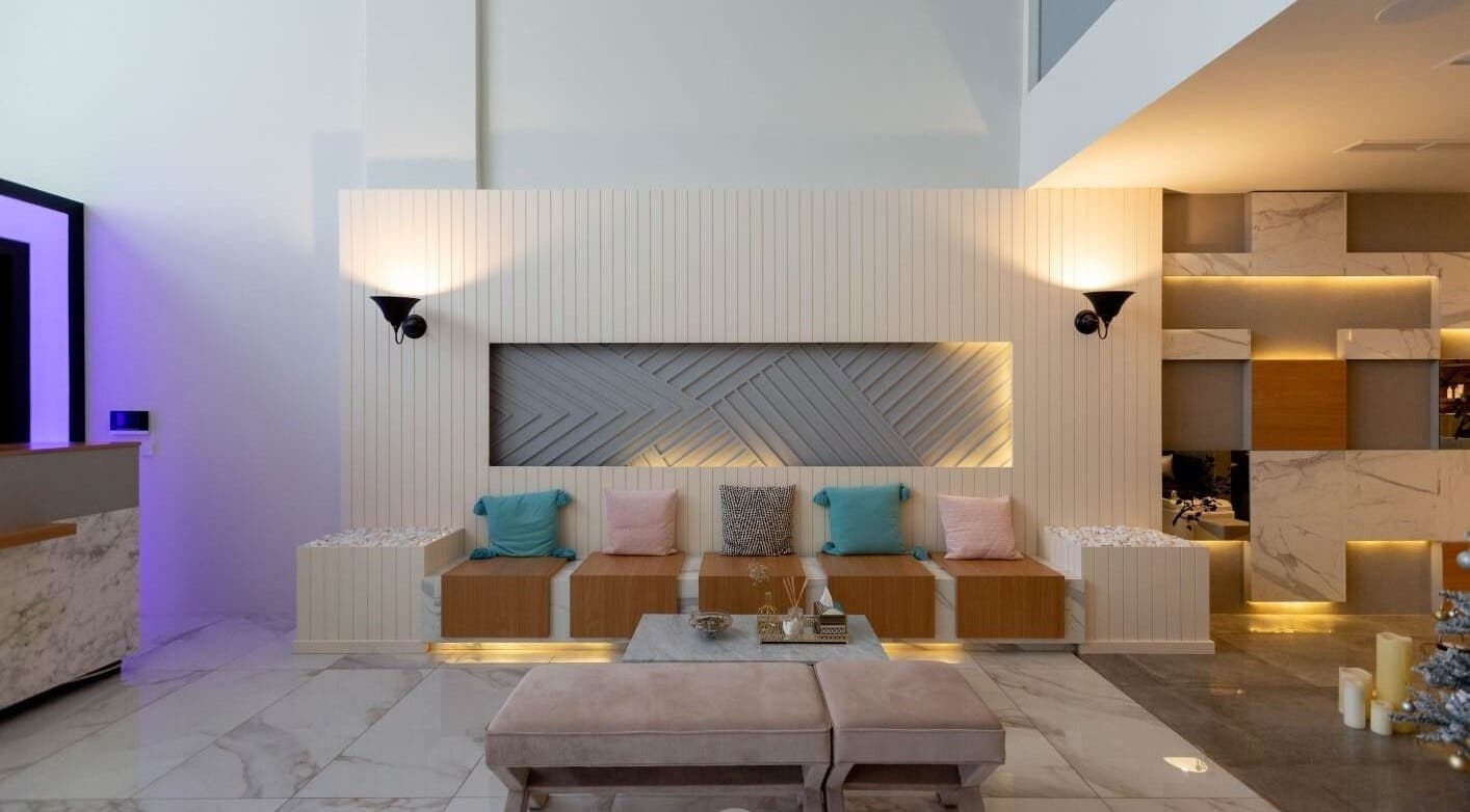 Luxury Spa's elegant lounge with modern decor in Al Qatif, Eastern Province, SA.