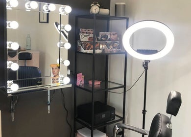 Makeup station at Bei Beauty Salon, Biggera Waters, Queensland, AU with ring light and vanity mirror.
