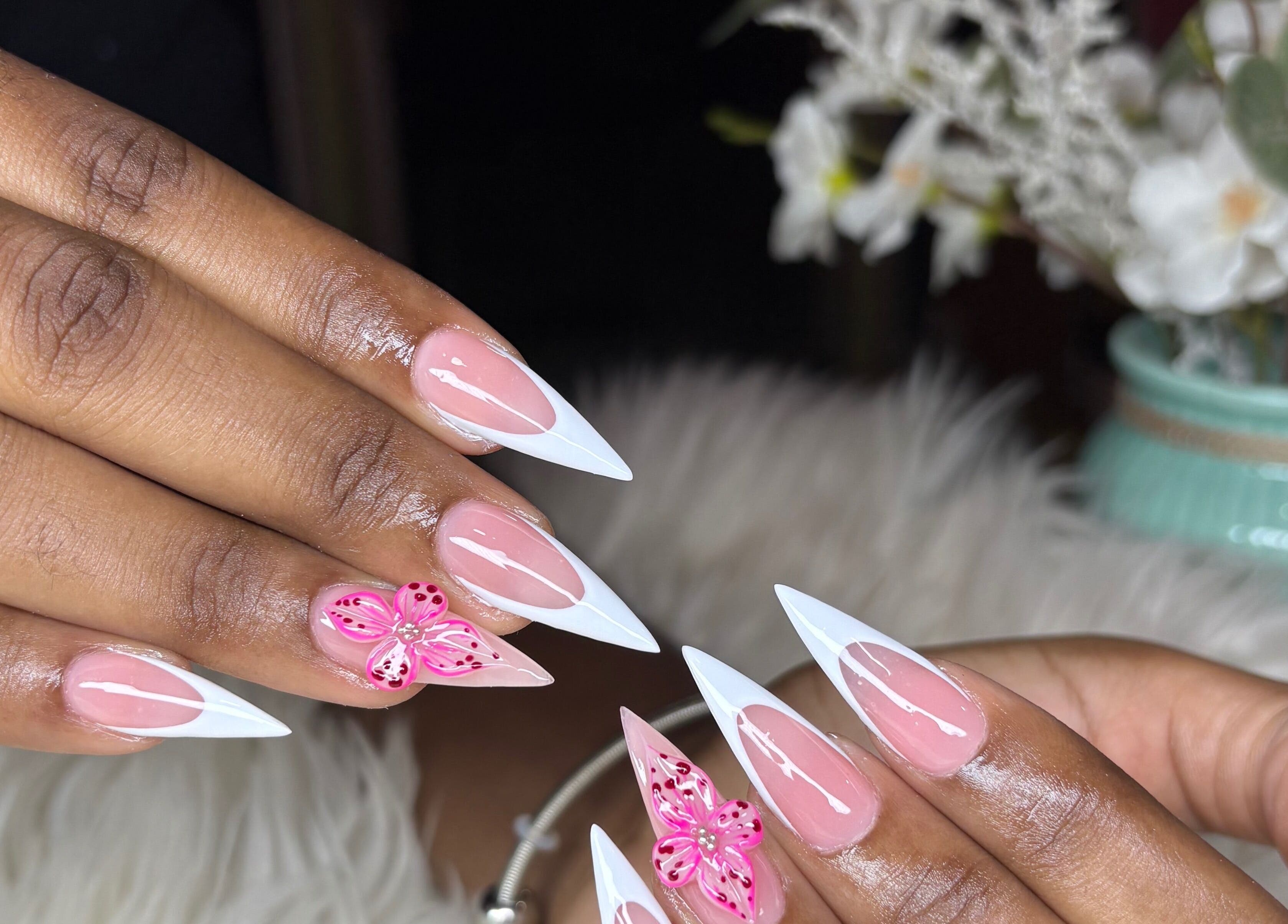 Stylish floral nail art at Vxsnail Studio, Spanish Town, St. Catherine Parish, JM showcasing elegant designs.