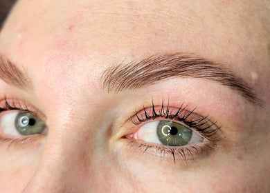 Close-up of enhanced eyebrows and lashes at Whisk Beauty, Blenheim, Marlborough, NZ.