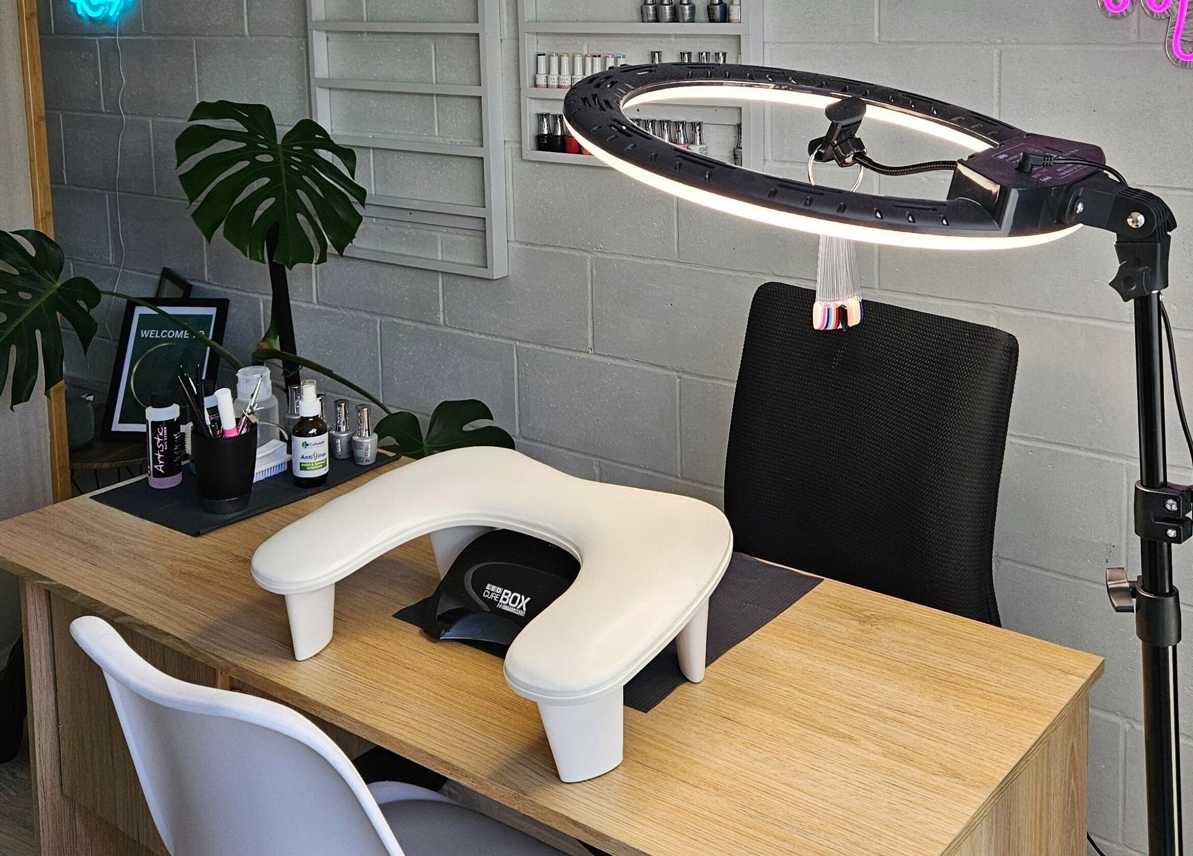 Whisk Beauty's modern nail station in Blenheim, Marlborough, NZ, featuring professional manicure tools.